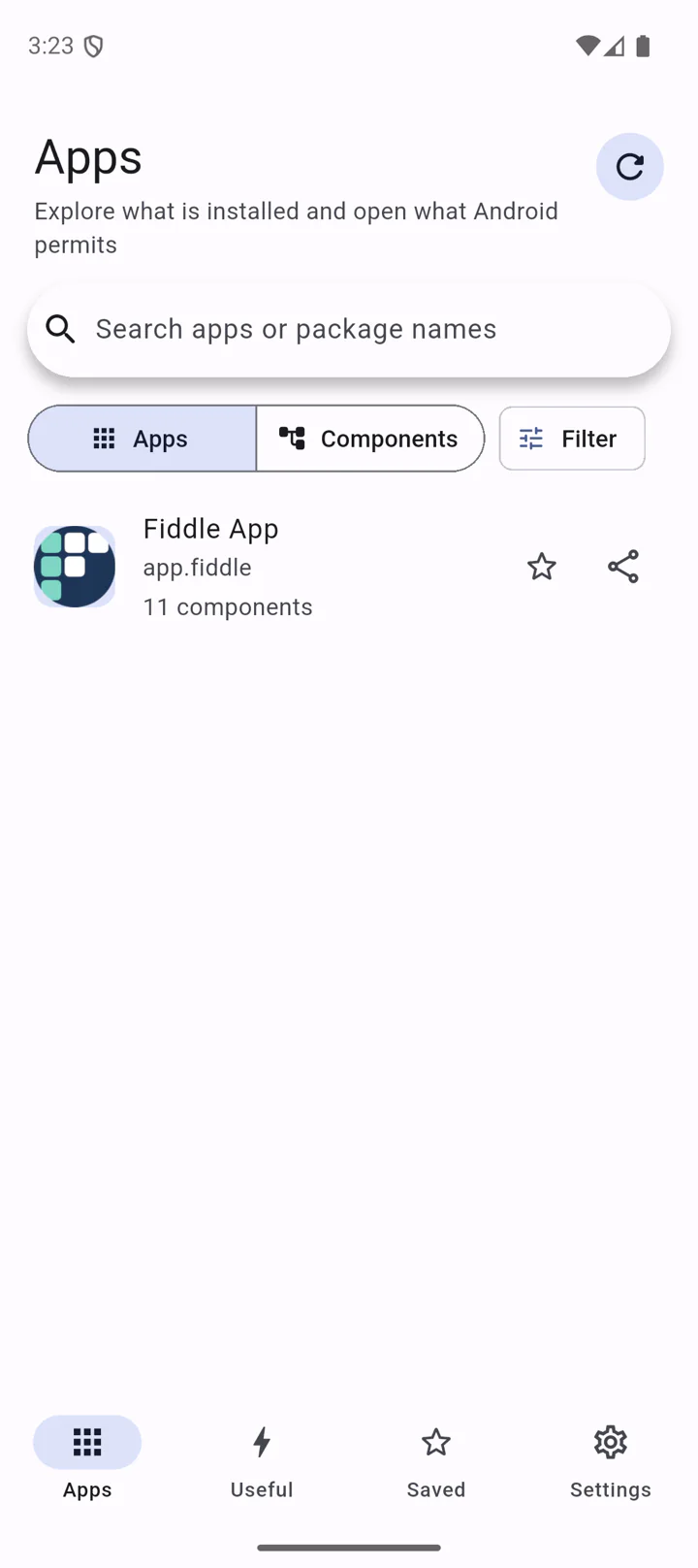 Fiddle App showing a searchable catalog of installed Android apps
