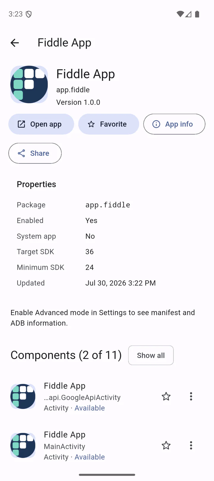 Fiddle App details screen with actions, properties, and available activities