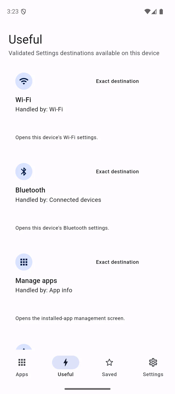 Fiddle App Useful screen listing validated routes to common Android settings